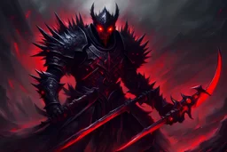 dark warrior, red eyes, glowing, spiky armor, terrifying, holding war scythe, fear red and black