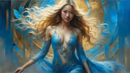 In Casey Baugh's evocative style, art of a gorgeous young smiling asian goddess full body with long blonde hair, blue eyes , beautiful chest and legs, futuristic, transparent blue lace, elegant, highly detailed, majestic, Baugh's brushwork infuses the painting with a unique combination of realism and abstraction, greg rutkowski, surreal gold filigree, broken glass, (masterpiece, sidelighting, finely detailed beautiful eyes: 1.2), hdr, realistic painting, natural skin, textured skin,