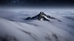 looking down from space at only one single sharp misty mountain cliff coming through the mist and surrounded by the mist at night starry sky. There is crucially only one mountain, do not paint more other peaks in the background.