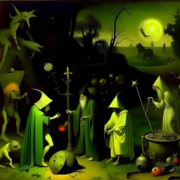 some mysterious figures, odd background, cinematic, Hieronymus Bosch, Max Ernst, vegetal life, rotten, ambient light, cry, ritual