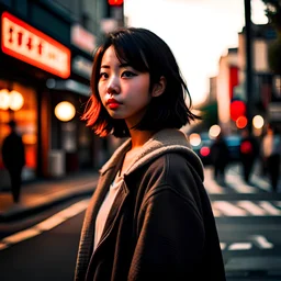 a cinematic photo of a beautiful Japanese girl standing on a street corner, natural skin