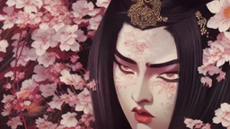 Japanese Geisha, illustration, digital art ,Vintage, Gothic, God Rays, vibrant colours, stylish ,Dark and Gorgeous art , GOD LIGHTING, Eiko Ishioka costume designer,, 32Κ, macro realistic,macro, sunbeams,beautiful, insanely detailed, cherryblossom zen garden, manga,anime,