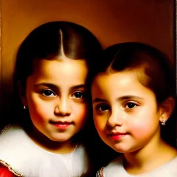 portrait of sisters Eira Santiago Arnau(ten year old, dark blonde) and Dalia Santiago Arnau (six year old, brunette) by Velazquez,smiling, oil on canvas, cinematic composition, extreme detail,8k,fit full head inside picture,