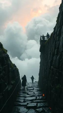 Fire under narrow black stone path above the ground gradually getting higher into the clouds no railings, dangerous drop people in black leathers medievil period weather is wet spiraling into the clouds fantasy,