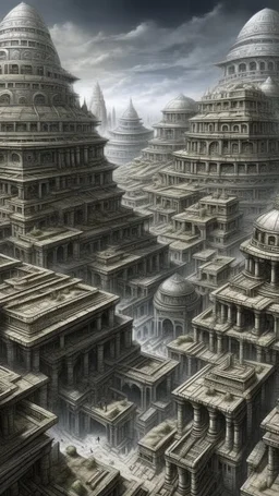 A gray ancient African cyberized city made out of steel painted by Leonardo da Vinci