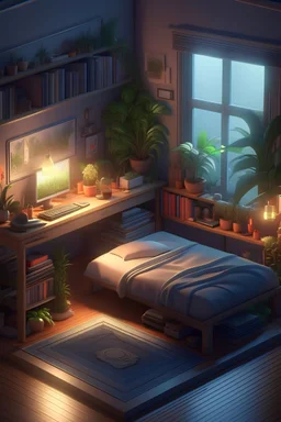 Isometric render, nostalgic bedroom with a gaming pc, windows, plants bookshelves, desk, 3d art, muted colors, perfect lighting, high detail, concept art, behance, night time