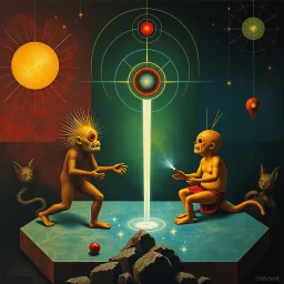 Gnostic embalming geometric injustice, abstract art, by Dariusz Zawadski and Wassily Kandinsky and Pawel Kuczynski, neon surrealism, genetic manipulation, quirky characters