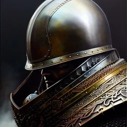 portrait 'Bazuso-Berserk',ancient metal armor and helmet ,painting by gaston bussiere, greg rutkowski, yoji shinkawa, yoshitaka amano, tsutomu nihei, donato giancola, tim hildebrandt, oil on canvas, cinematic composition, extreme detail,fit full head inside picture,16k