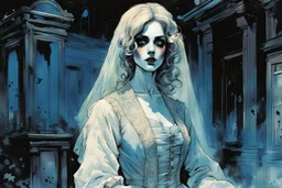 create an imaginative drawing of the pale translucent ghost of an Parisian female fortuneteller, clothed in tattered and ragged, ornate Napoleonic period dress, with finely detailed hair and feminine facial features, in the seething midnight shadows of Pere Lachaise cemetery, in the comic book art style of Bill Sienkiewicz, Mike Mignola, and Jean Giraud Moebius, finely textured, drawn, colored, and inked