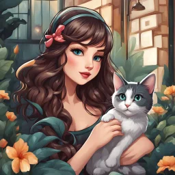 very beautiful sticker like realistic cartoon girl with cat