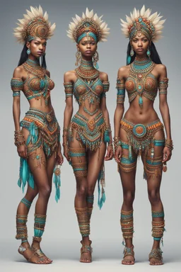 full body. cute. Fashion concept. Clothing style variations: think of a Unique and complicated tribal with jewels. 2 models, front and back. Hyper-detail. 8k quality.