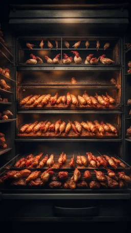 Si-Fi, The permanent under atmospheric lighting effects, a whole shelves of an oven with rotated shish kebabs of the whole chickens rotating in side, intricate historical moody atmosphere, eerie grimdark ambiance, complex motherboard accents, speculative fiction art. Bokeh