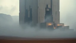Massive brutalist architecture emerging from a desert landscape, fused with the ancient ksar structures of Ksar Ouled Soltane, partially hidden in dense fog. Monumental concrete forms mixed with traditional North African clay granaries, cinematic composition, ultra detailed, photorealistic, atmospheric lighting, dark surreal mood, mysterious scale, soft sandstorm haze, moody shadows, dystopian yet ancient feeling, high contrast, realistic textures, epic wide-angle shot, fog