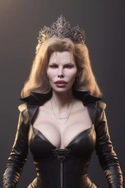 Kim Basinger as evil queen in black leather, busty, cleavage, curvy, angry, stern look. character design by cory loftis, fenghua zhong, ryohei hase, ismail inceoglu and ruan jia. unreal engine 5, artistic lighting, highly detailed, photorealistic, fantasy