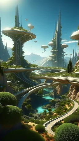 futuristic city, Mediterranean garden, busy city