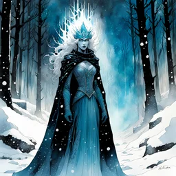 the ice queen, Night, forest, snow, blizzard, created in inkwash and watercolor, carnival in the comic book art style of Mike Mignola, Bill Sienkiewicz and Jean Giraud Moebius, highly detailed, grainy, gritty textures, , dramatic natural lighting