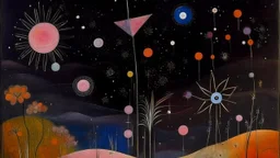 A purplish black cosmos with shooting stars planets painted by Paul Klee
