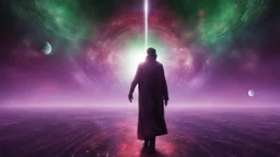 matrix universe, space, planets, god creation walking on light, purple, dark green and red,