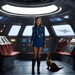 [high res photo directed by J-J Abrams] In the vast expanse of space, aboard a Starfleet vessel, a female starfleet cadet in the iconic miniskirt uniform tends to her unusual companion in the cargo bay area. Her pet dinosaur, a relic from a forgotten era, roams the metallic confines of the ship, its ancient presence juxtaposed against the sleek technology of the starship. As the cadet carefully feeds and interacts with her prehistoric friend, a sense of harmony and camaraderie fills the space.