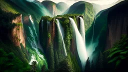 The image showcases a mesmerizing view of a massive waterfall cascading from the top of a mountain hill, with the waterfall soaring to a great height and flowing forcefully into the valley amid lush green trees and vegetation. The image reflects the beauty and power of nature and its enchanting impact on the surrounding environment, inviting viewers to explore these magnificent natural landmarks around the world.