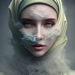 clouds of fog as woman's face, dissolving, disintegrating, wearing hijab, fine detail, highly intricate, modern surrealism painting, high-quality, volumetric lighting, 8k, ultrahd, George Grie, Marco Escobedo, Igor Morski,Brian Froud, Howard Lyon, Selina French,