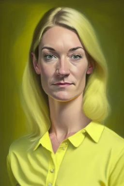 realistic Portrait of a woman in her thirties pastel yellow shirt and dark blonde hair. she looks like a politcian