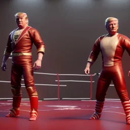 Single Wrestler Donald trump, dark, wrestling, sweat, blood, red breeches, stars, retro style, 80s, hot ambient, photo studio, smooth color, highly detailed, art stations, concept art, smooth, unreal engine 5, god rays, ray tracing, RTX, lumen lighting, ultra detail, volumetric lighting, 3d, finely drawn, high definition, high resolution.