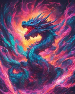 Close up shot, Dragon in a vibrant synthwave dreamscape, neon chaos swirling energetically around pixelated forms, a dynamic fusion of retro gaming nostalgia and futuristic abstraction