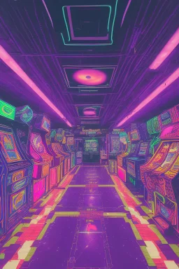 A dark photo an 80's aesthetics arcade at night, with a lot of functioning arcade machines, a vaporwave floor and some colorful tiles in between the floor. Purple Themed, purple aesthetics.