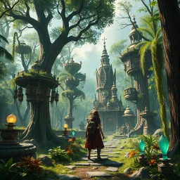 Scene from a modern fantasy movie featuring the "Garden of Practicality", the Clockwork Forest Realm of Ix Chel, Cyberpunk style.