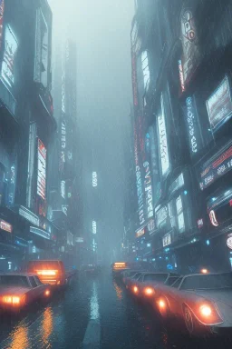 Blade Runner, raining, nostalgic, cold, dark blue, gloomy, heavy fog, 8k photorealistic, cinematic lighting, high details, dramatic, atmosphereric