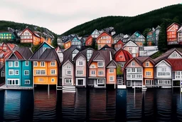 Colored pencil drawing, Very detailed, Realistic, Drawing of the colorfull houses in the city Bergen in Norway. Colorfull, professional, realistic, detailed, ultra HD, pencil strokes