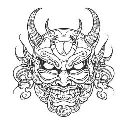 White, minimalis line art , oni mask japanes scarry, vector, white background, outline, with images neatly contained within the background, just black and white color,