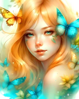 A stunning watercolor drawing of whimsical magnificent , butterfly [Fantasy Garden Fairy],ultra close up front view happy face portrait, hair, extremely adorable, charming, extremely cute , the highest quality style, modern anime style, an illustration that pays tribute to the iconic styles of Artgerm, Aleksi Briclot, and Charlie Bowater, created in a digital doodle