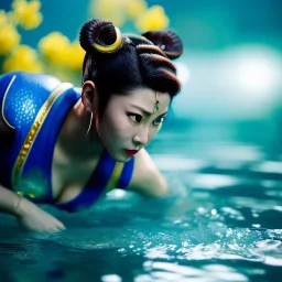 Chun-li underwater with yellow flowers for hair, closed eyes, rtx, reflection, 8k, glow, winning photography, caustics