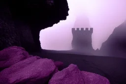 old castle, foggy, lava, drawbridge. surrounded by cliffs, purple