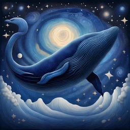 Create an image of a colossal, surreal whale dominating the foreground, blending into a starry night. The whale itself is a deep, cosmic blue with celestial bodies and stardust spiraling within it, suggesting a galaxy. It features intricate patterns and textures that reminisce the surface of a planet. The galaxy is alive with motion, reflecting the light of a super star (blue) that glimmers. The transition is seamless, symbolizing a cosmic fusion of whale and space, hinting at the vast and myste