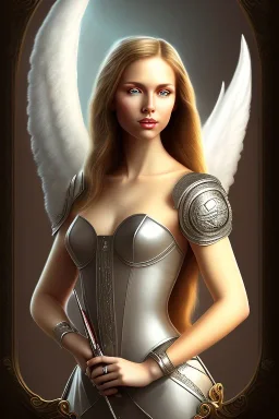 portrait lady angel with super bobs no top long white hairs shield in castle