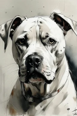 White Staffie dog with gentle expression in the style of Willem Haenraets, Yoji Shinkawa, Guy Denning, Florian Nicolle In chalk and rough pastel