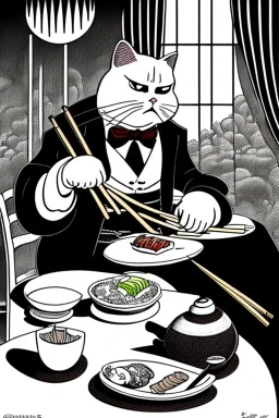 Cat, sitting at a table, eating sushi,perfect iris, ink and pencil, style Carl barks