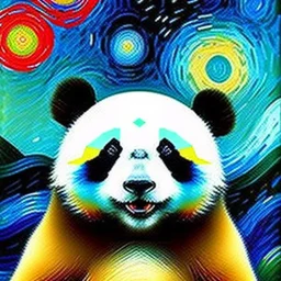 Dibujo al oleo de un oso panda con nubes de colores estilo Vincent van Gogh