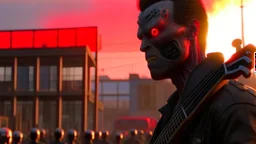 4K, ultra detail, ombres et reflets maximum, full realism terminator playing guitar in a nuked city in front of a crowd