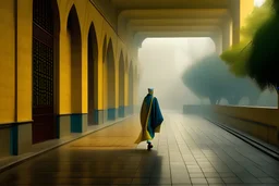 Iranian Karvansara architecutre, Isfahan architecture, extrior design, Luis Barragán style of color architecture, dancing with Iranian tradition cloth, rainy weather, sunray, fog