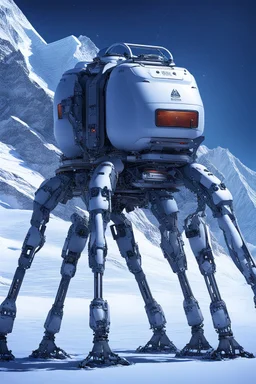 a sleek mechanical walker with eight legs scaling a very steep snow covered side of mout everest at night, it has a smooth surface, it has storage pods on its belly and humans can fit in the pods