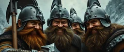 pin hole cam, master oil painting by Rembrandt, family portrait of lotsa smiling bad ass warrior clad muscle sturdy buildt deep rock metal towering dwarves in gritty metal helmets and in fine clothes and with ice picks laughing, seem from above