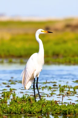 The Great Egret: A majestic great egret standing gracefully in a serene wetland, inspired by Audubon’s detailed observations and artistic style.