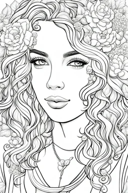 B/W outline art,coloring book page, full white, super detailed illustration for adult, "cute coloring page with a 13-year-old girl with wavy hair",only use outline, crisp line, line art, high resolution,cartoon style, smooth, law details, no shading, no fill, white background, clean line art,law background details, Sketch style.