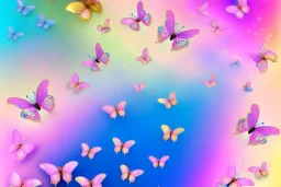  gold background, rise of soft transparent blue and pink butterflies