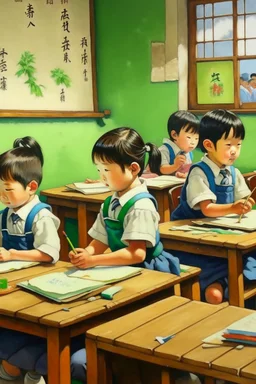 japanese childeren in classroom painting