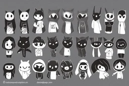 6 simple shaped hand drawn cartoon characters that are cute dark and have hoodies